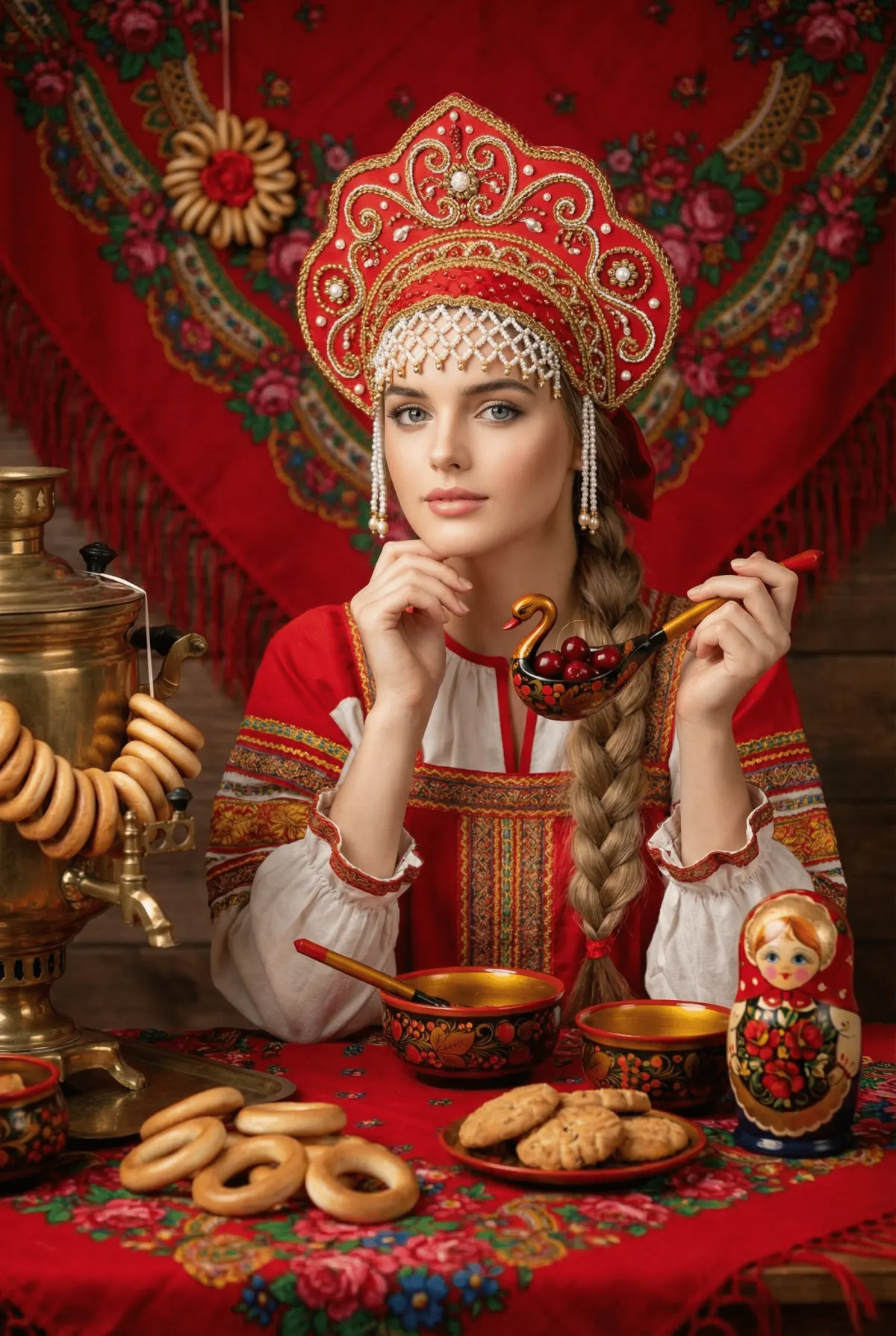 Русская фотосессия в кокошнике с самоваром и хохломой промт для нейросети
