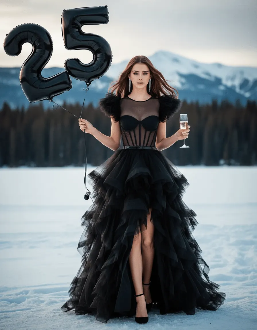 Зимняя fashion-фотосессия девушки в чёрном вечернем платье на замёрзшем озере с шарами 25 промт через ИИ