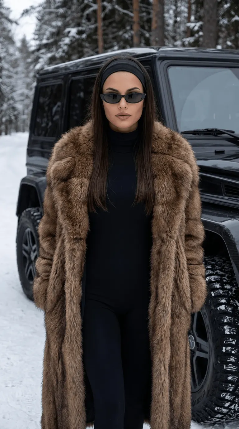 Зимняя кинематографичная фотосессия девушки у чёрного G-Class в меховой шубе промт через ИИ