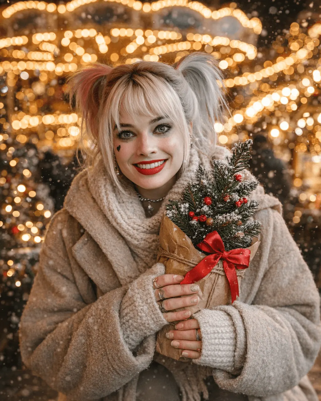 Новогодняя редакционная фотосессия на рождественской ярмарке с маленькой ёлкой — промт для фотореалистичного фото через ИИ
