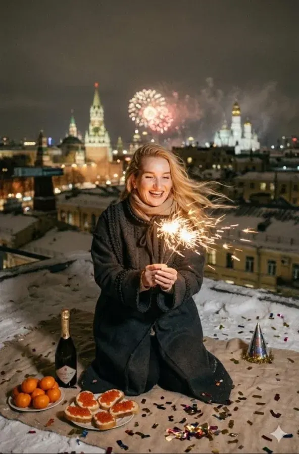 Новогодняя фотосессия на крыше в Москве с букетом бенгальских огней — промт для фотореалистичного кадра через ИИ