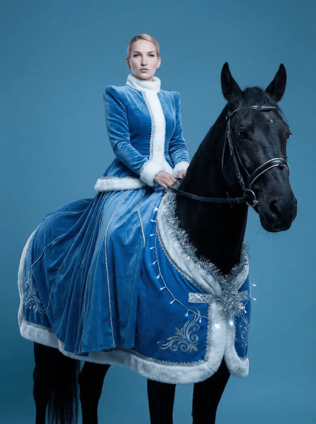 Смелая новогодняя фотосессия всадницы на коне для глянцевого журнала — промт для генерации фото через ИИ