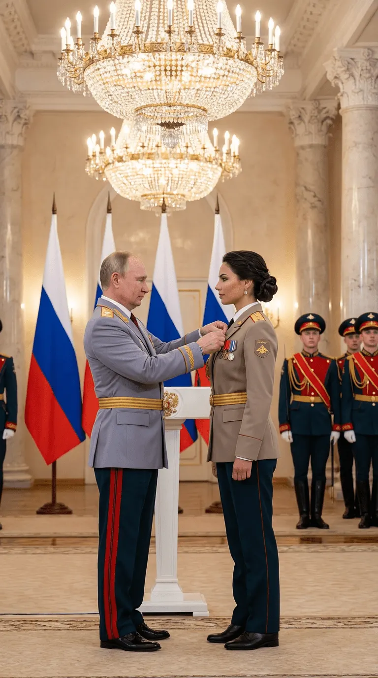 Как сделать фото с Путиным: Фотосессия вручения награды Путиным в колонном зале — промт для нейросети ИИ