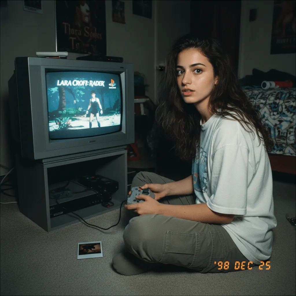 Аналоговая фотосессия девушки 90-х за PlayStation 1 с вспышкой и полароидом — промт для нейросети ИИ ​