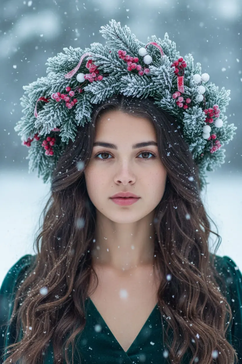 Яркая зимняя фотосессия крупным планом с венком из еловых веток и ягод — промт для генерации фото через ИИ ​