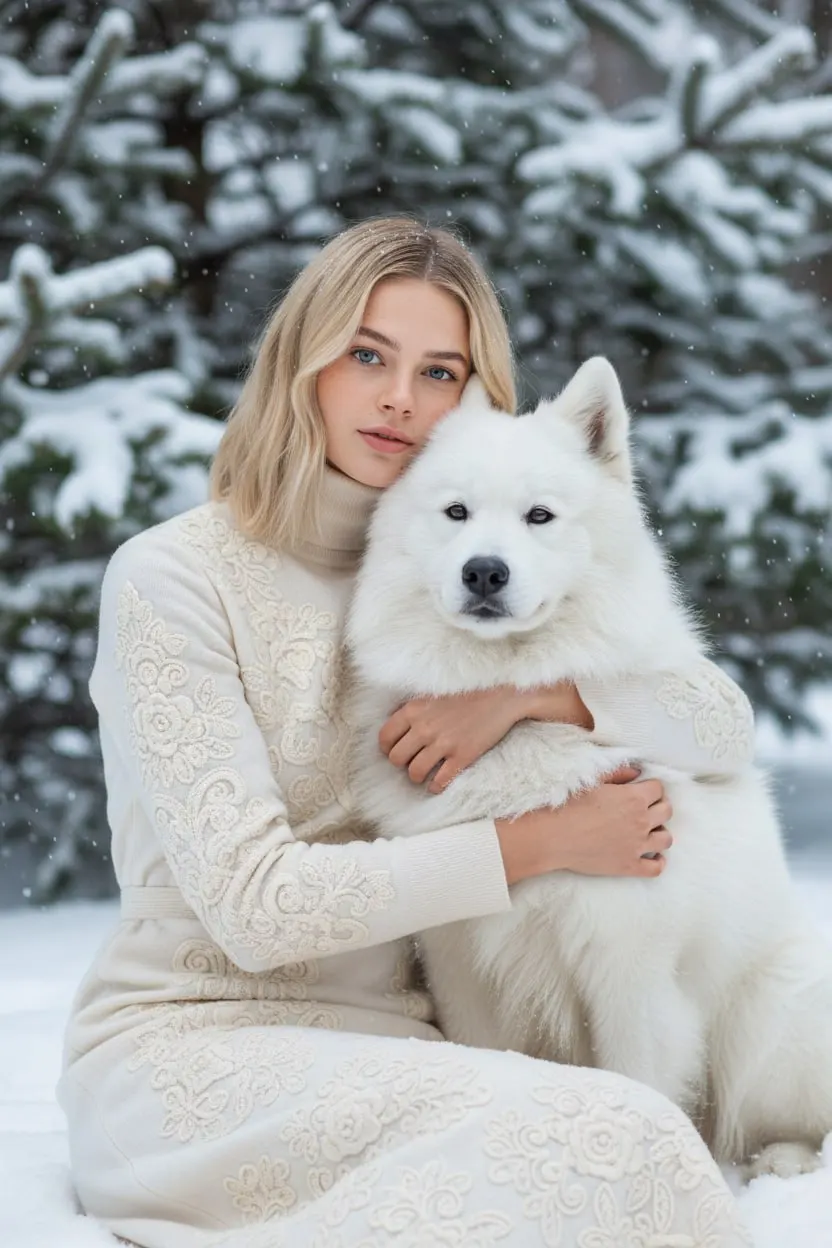 Сделать новогоднее фото с помощью ИИ: Нежная зимняя фотосессия в еловом лесу с самоедом в объятиях — промт для генерации фото через ИИ ​