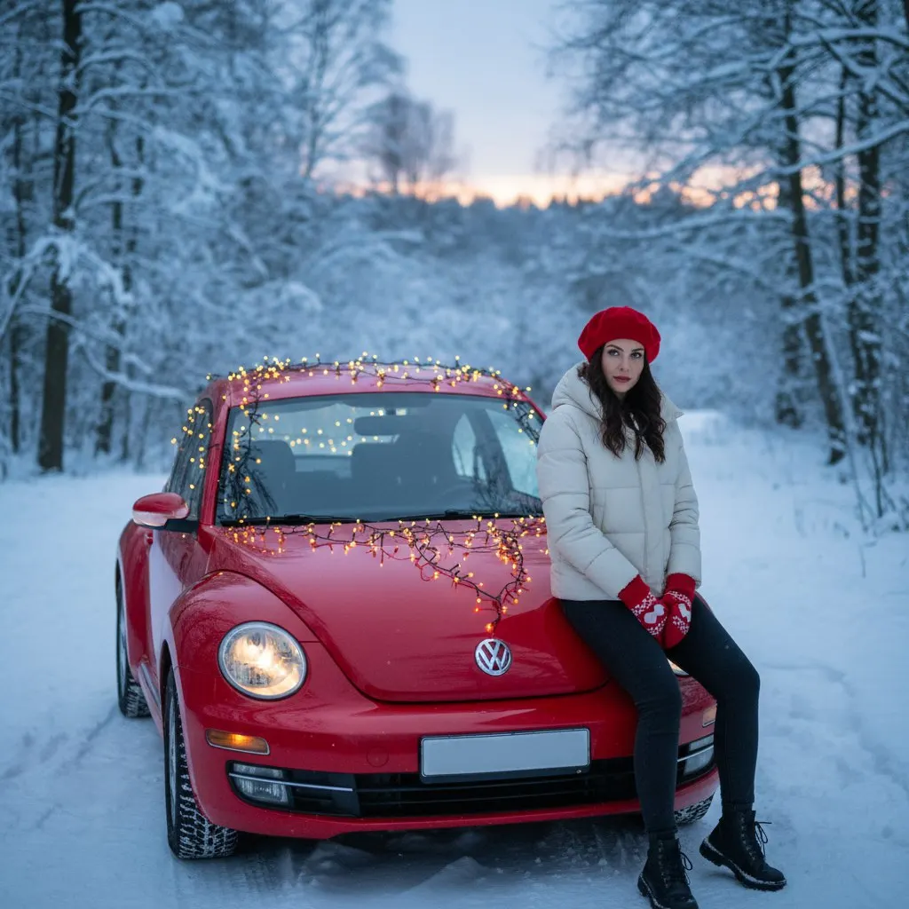 Зимняя фотосессия у окна красного Beetle по референсу — промт для генерации фото через ИИ ​