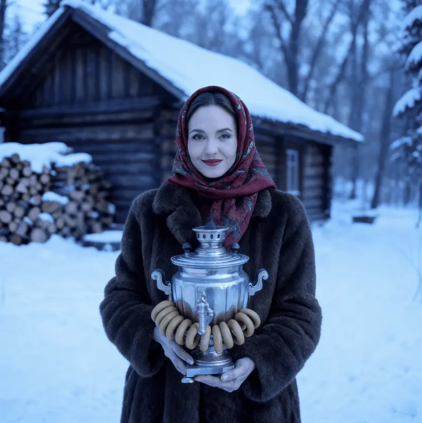 Промты для фотосессии: зимний русский портрет девушки в деревне с самоваром в меховой шубе и красном платке через нейросеть