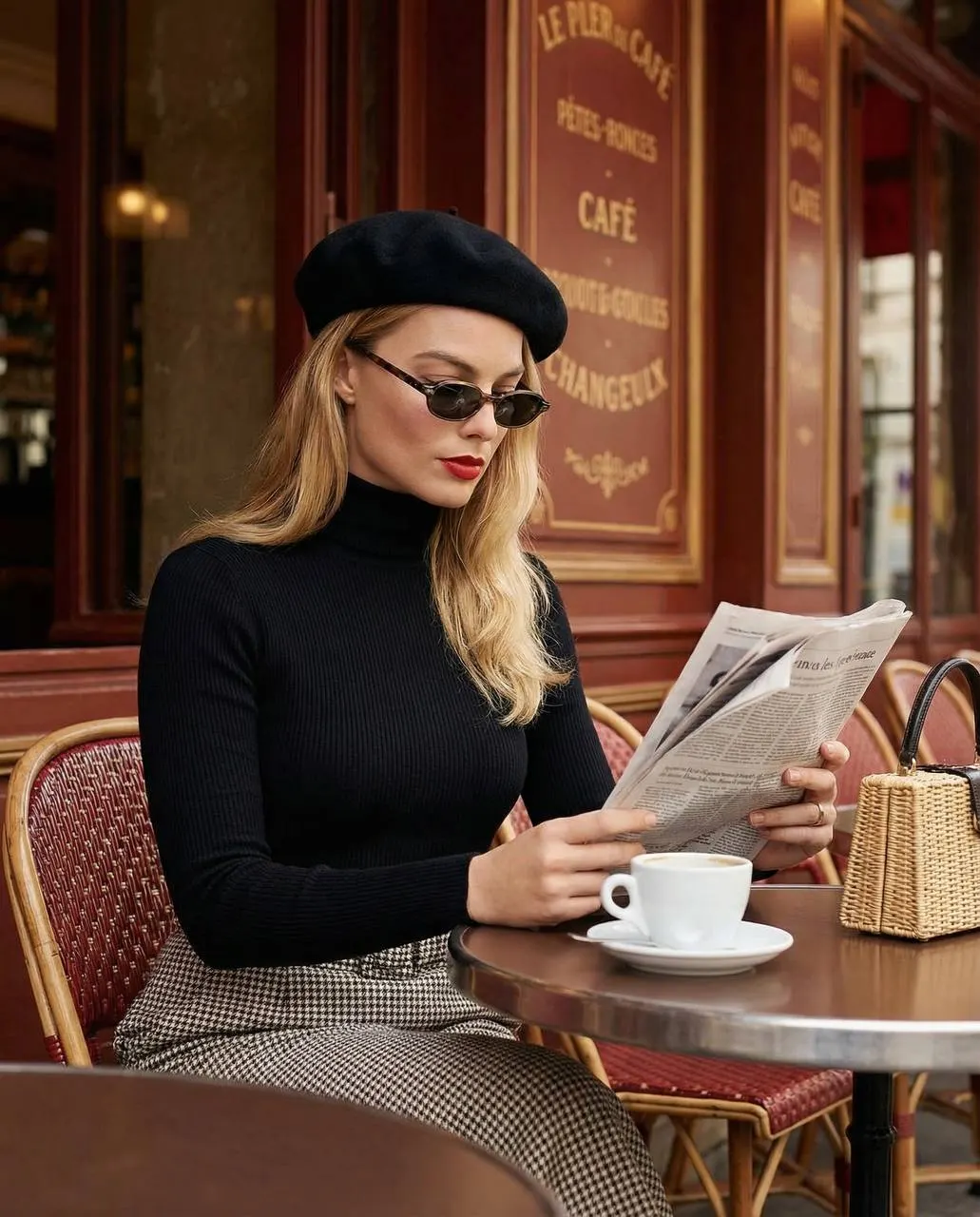 Промт «Глянцевый fashion‑портрет в парижском кафе с газетой в стиле Vogue Paris через ИИ»