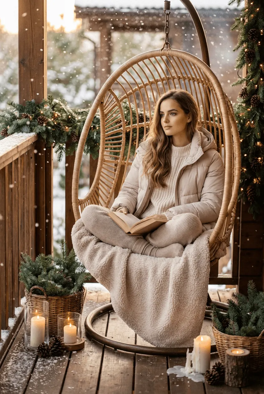 Промт «Как сделать уютное зимнее фото на веранде в стиле hygge через ИИ с книгой и гирляндами»