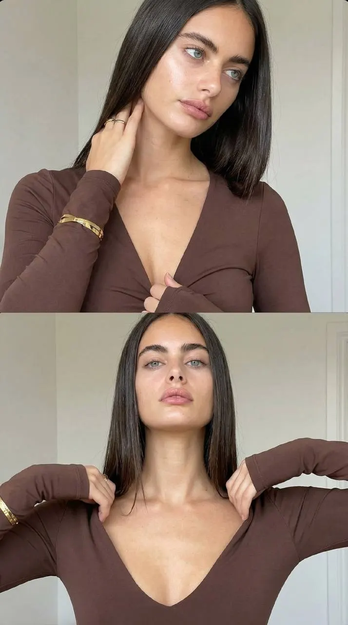 Фотосессия ИИ: экстремально крупный двухкадровый портрет девушки в коричневой кофте