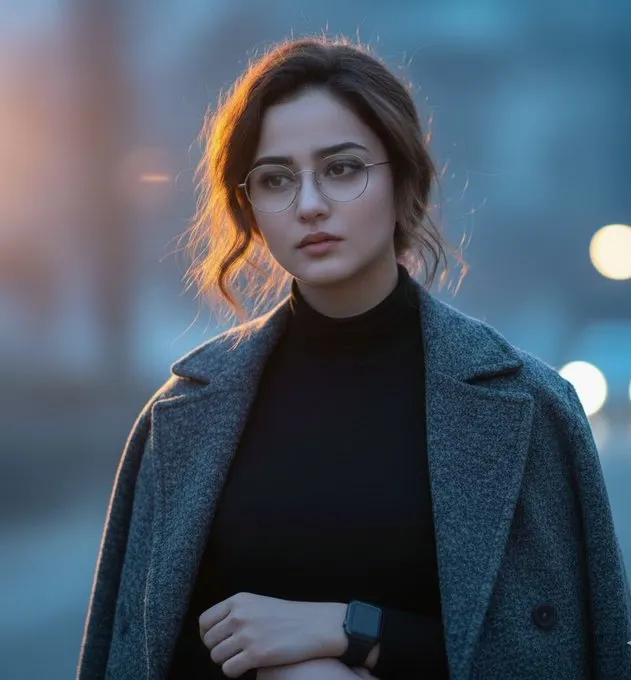 Фотосессия ИИ: поэтичный портрет в blue hour с тёплой подсветкой