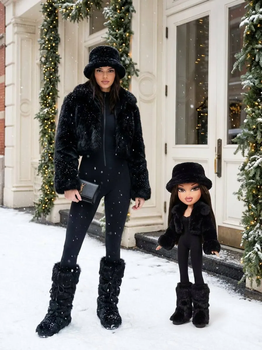 Фотосессия ИИ: total black зимняя rich girl с Bratz-доллой