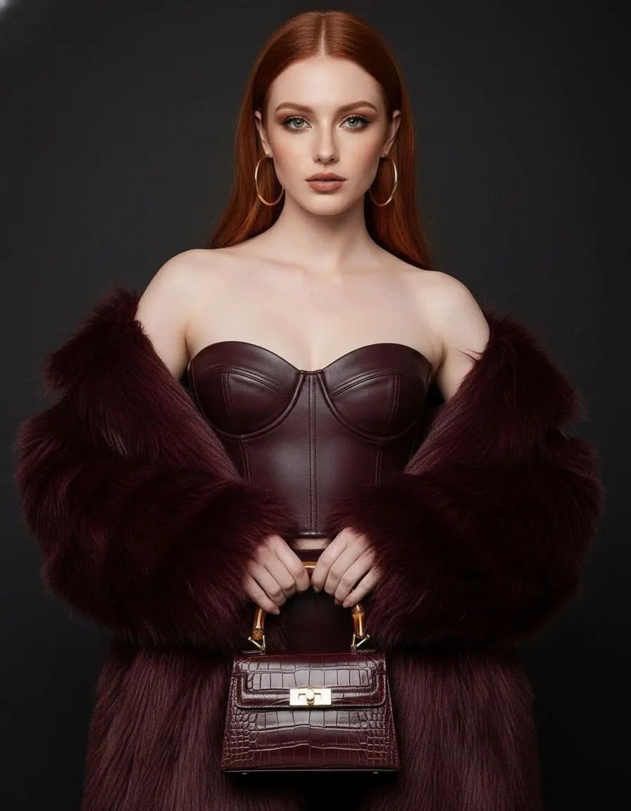 Фотосессия ИИ в бордовом кожаном образе — роскошный fashion-портрет через nano banana