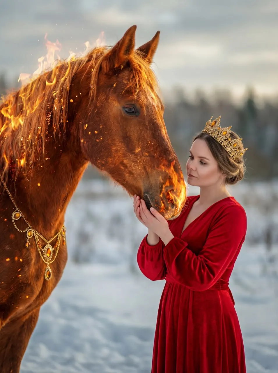 Новогодняя фотосессия ИИ с огненным волшебным конём — магическое фото через nano banana