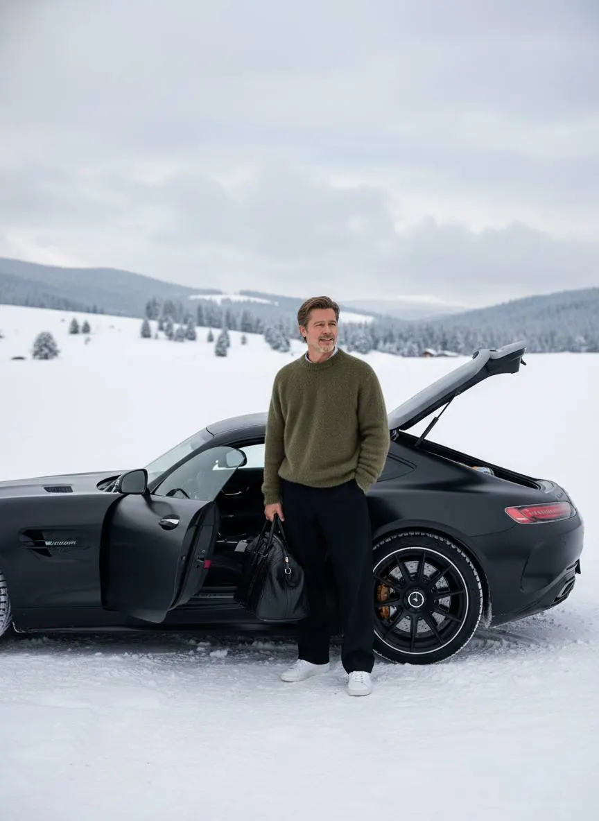 Мужская зимняя фотосессия с Mercedes‑AMG GT на заснеженном поле — промт для реалистичного фото через нейросеть ии