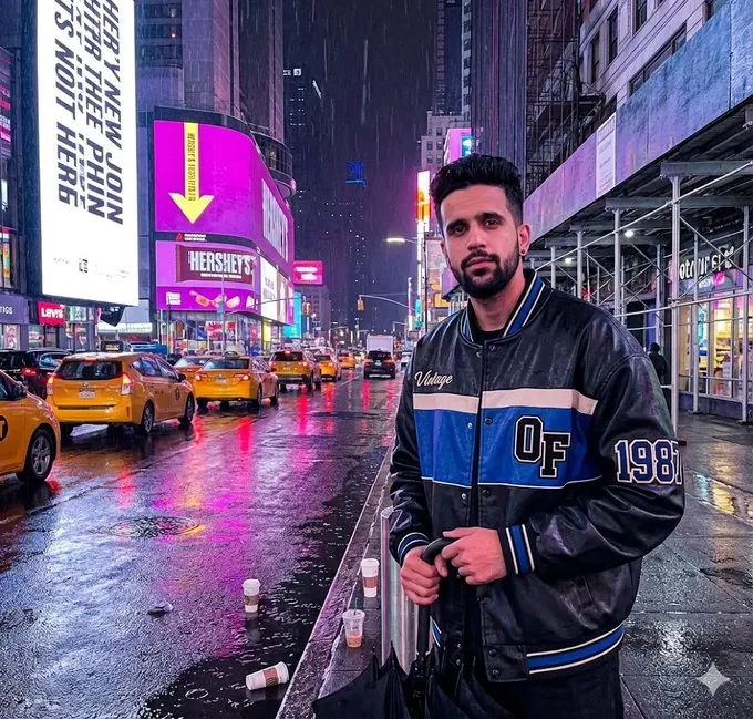 Фотосессия ИИ: дождливый Times Square с неоном и зонтом