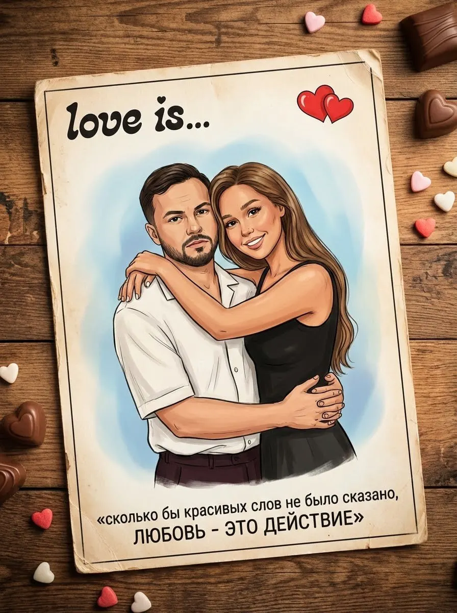Трендовый промт для парной фотосессии: Рисунок пары с вкладыша Love Is, создаем наклейки Love Is из ваших фото - через нейросеть
