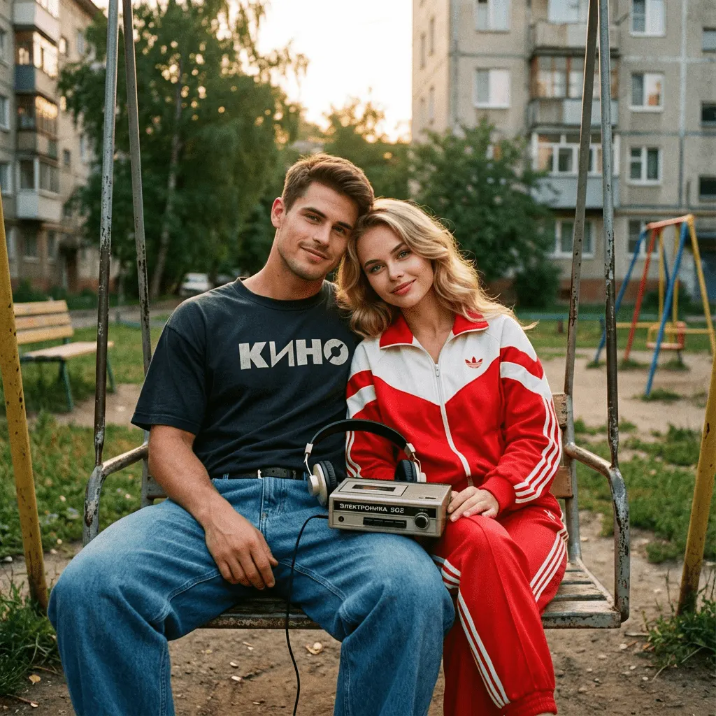 Промт ностальгическая фотосессия пары на качелях советского двора с магнитофоном «Электроника» летом через ИИ
