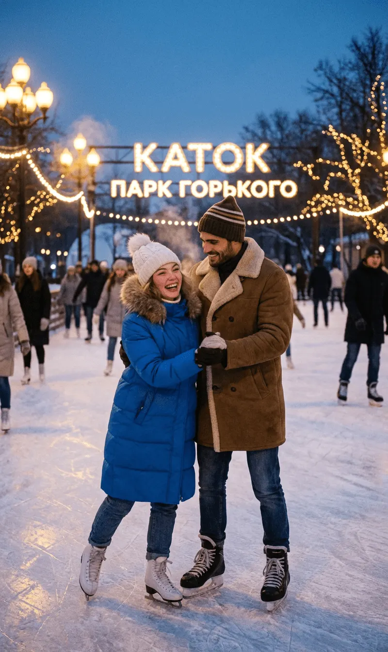 Промт ультрареалистичная зимняя фотосессия пары на катке в парке Горького в стиле 1980-х через ИИ