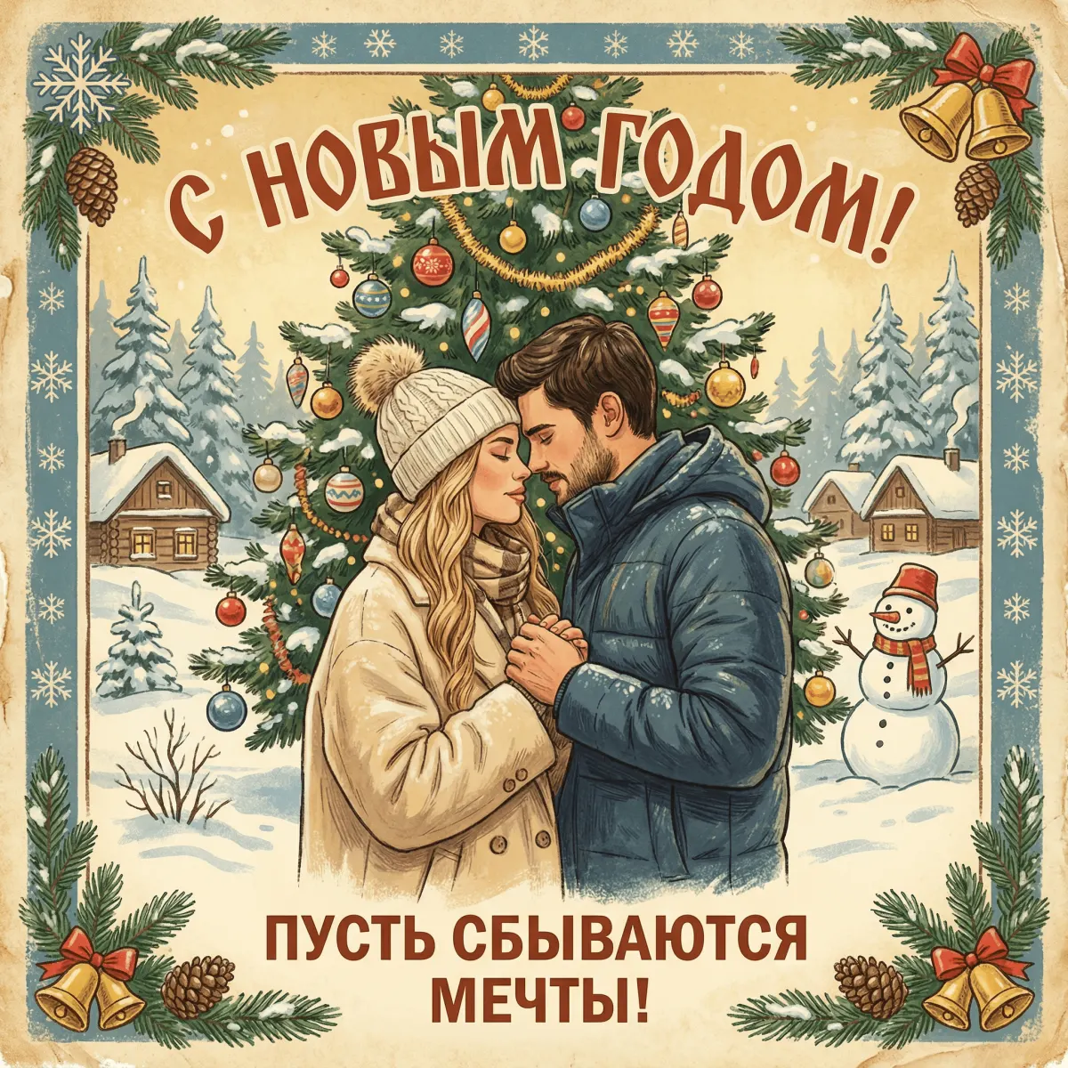 Советский новогодний промт: пара у ёлки, винтажная открытка СССР по фото парня и девушки