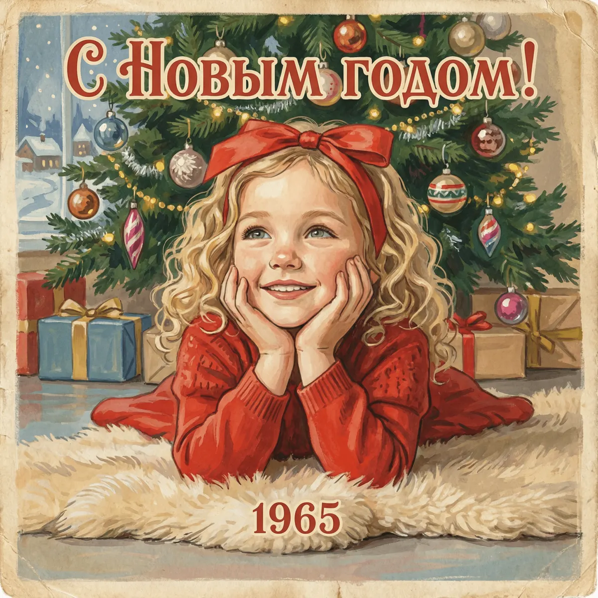 Советский новогодний промт: винтажная открытка СССР по фото девочки, зимняя сказка с ёлкой и зверюшками ​