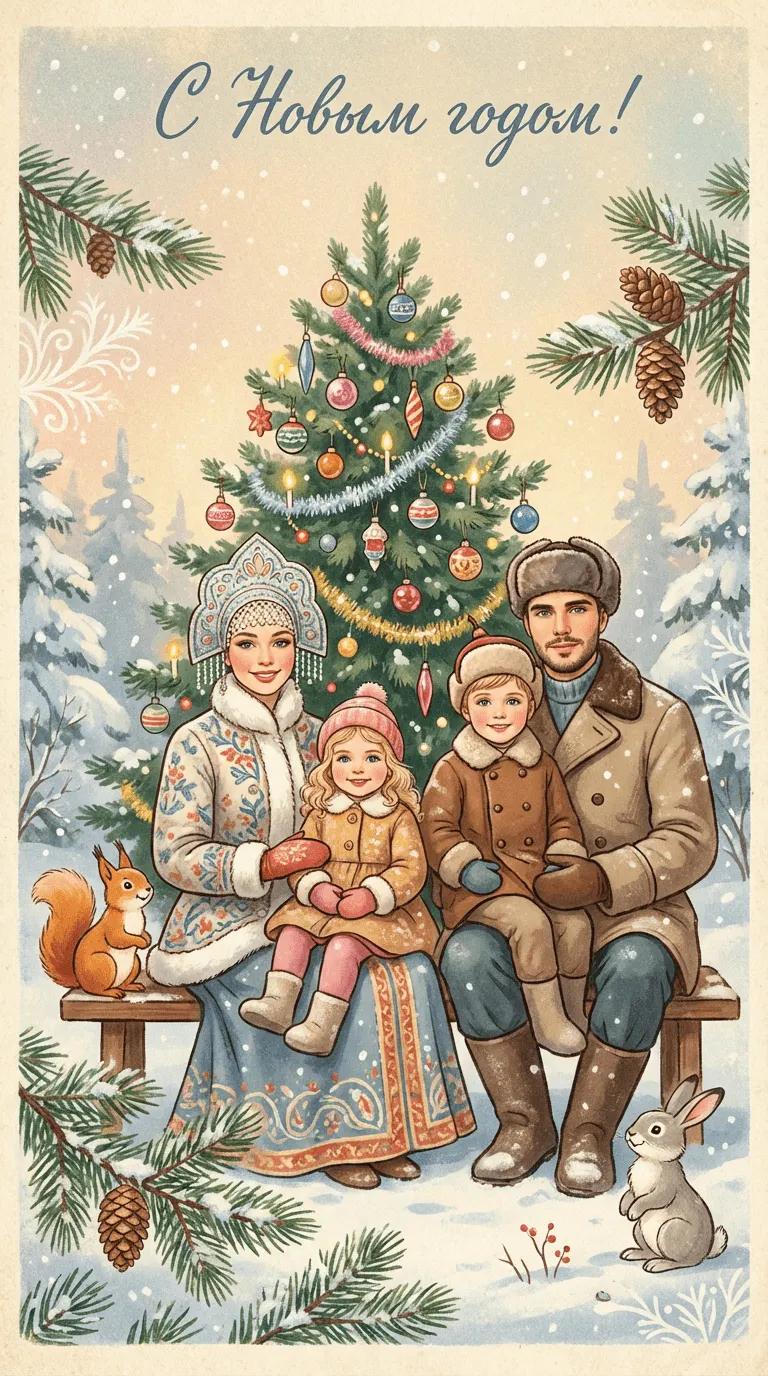 Винтажный новогодний промт: советская сказочная открытка 1950–1970-х по фото девушки в кокошнике 9:16 ​
